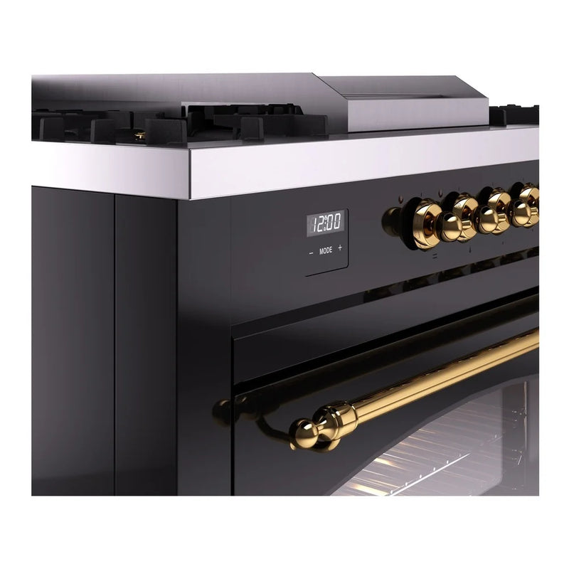 ILVE Nostalgie II 60" Dual Fuel Freestanding Range in Glossy Black with Brass Trim, UP60FSNMPBKG