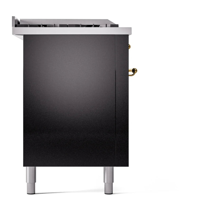 ILVE Nostalgie II 60" Dual Fuel Freestanding Range in Glossy Black with Brass Trim, UP60FSNMPBKG