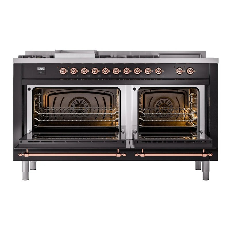 ILVE Nostalgie II 60" Dual Fuel Freestanding Range in Glossy Black with Copper Trim, UP60FSNMPBKPLP