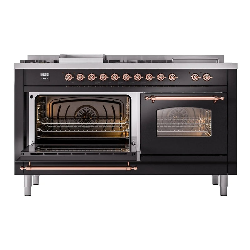 ILVE Nostalgie II 60" Dual Fuel Freestanding Range in Glossy Black with Copper Trim, UP60FSNMPBKPLP