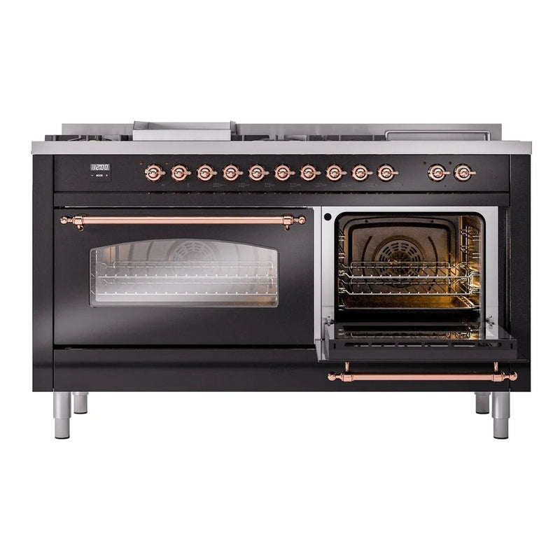 ILVE Nostalgie II 60" Dual Fuel Freestanding Range in Glossy Black with Copper Trim, UP60FSNMPBKPLP