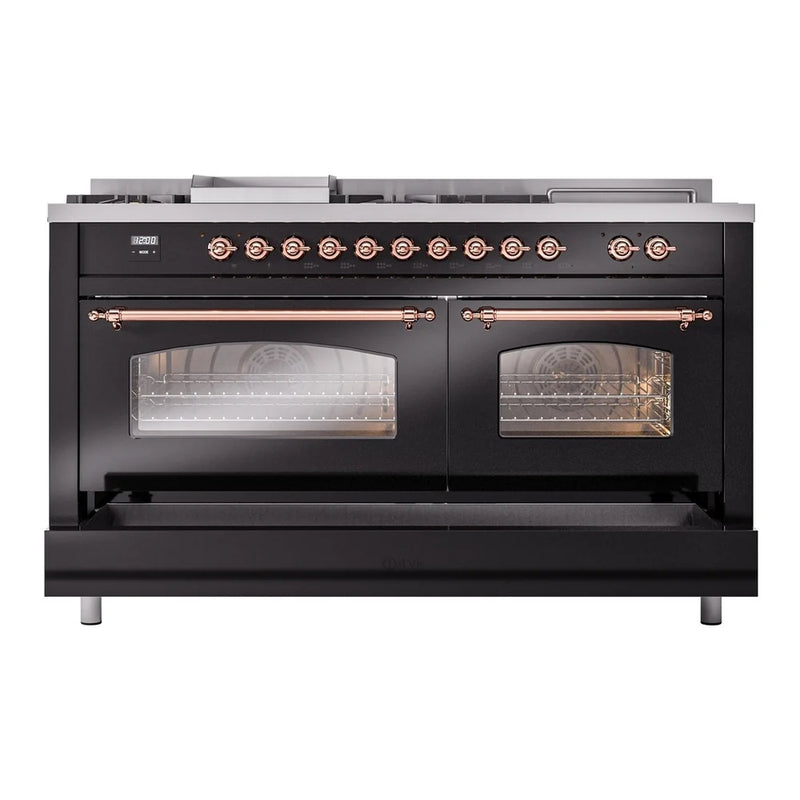 ILVE Nostalgie II 60" Dual Fuel Freestanding Range in Glossy Black with Copper Trim, UP60FSNMPBKPLP