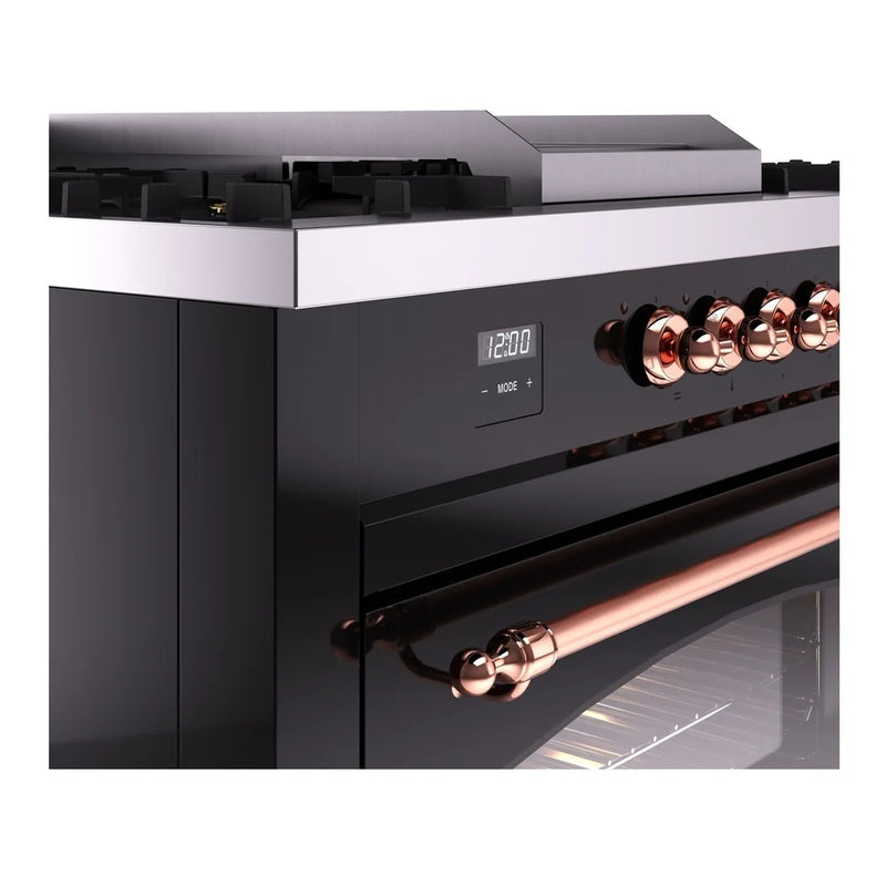 ILVE Nostalgie II 60" Dual Fuel Freestanding Range in Glossy Black with Copper Trim, UP60FSNMPBKPLP