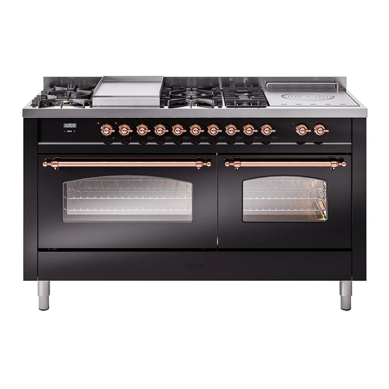 ILVE Nostalgie II 60" Dual Fuel Freestanding Range in Glossy Black with Copper Trim, UP60FSNMPBKP