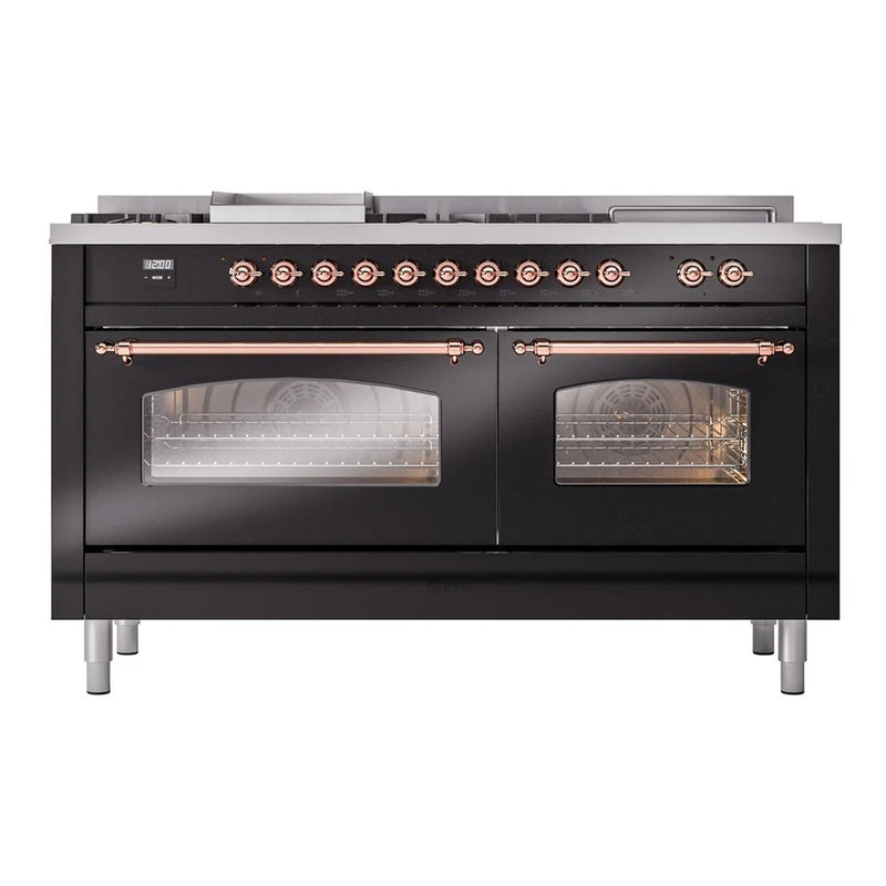ILVE Nostalgie II 60" Dual Fuel Freestanding Range in Glossy Black with Copper Trim, UP60FSNMPBKP