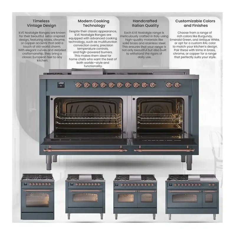 ILVE Nostalgie II 60" Dual Fuel Freestanding Range in Burgundy with Burnished Trim, UP60FSNMPBUBLP