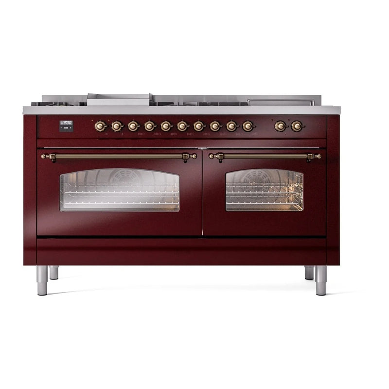 ILVE Nostalgie II 60" Dual Fuel Freestanding Range in Burgundy with Burnished Trim, UP60FSNMPBUBLP