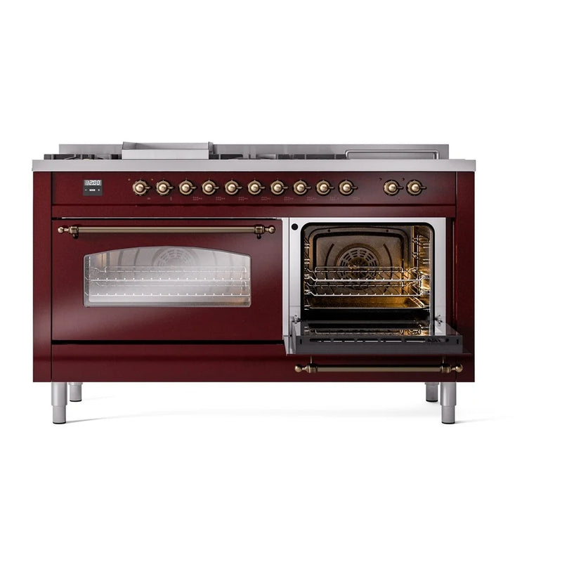 ILVE Nostalgie II 60" Dual Fuel Freestanding Range in Burgundy with Burnished Trim, UP60FSNMPBUBLP