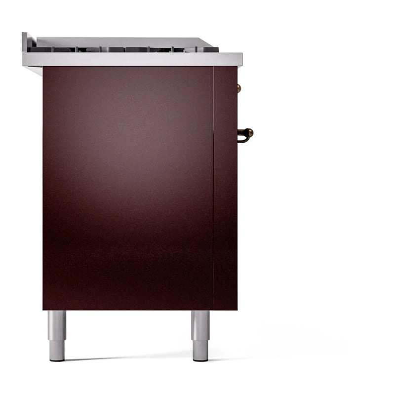 ILVE Nostalgie II 60" Dual Fuel Freestanding Range in Burgundy with Burnished Trim, UP60FSNMPBUBLP