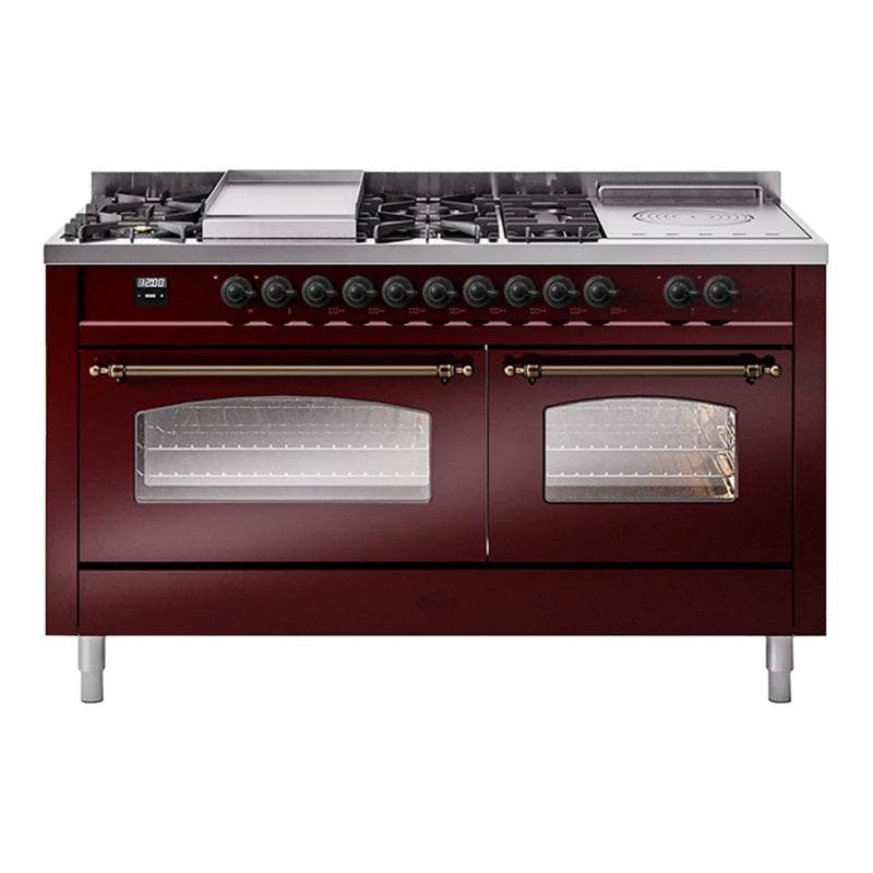 ILVE Nostalgie II 60" Dual Fuel Freestanding Range in Burgundy with Burnished Trim, UP60FSNMPBUB