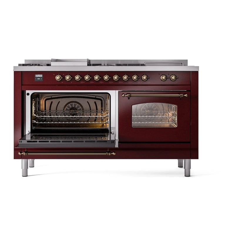 ILVE Nostalgie II 60" Dual Fuel Freestanding Range in Burgundy with Burnished Trim, UP60FSNMPBUB