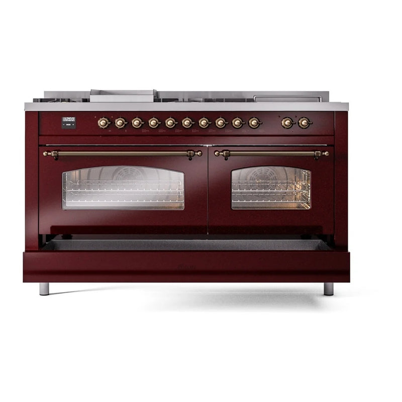 ILVE Nostalgie II 60" Dual Fuel Freestanding Range in Burgundy with Burnished Trim, UP60FSNMPBUB