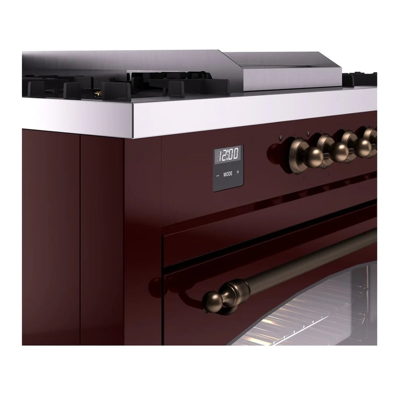 ILVE Nostalgie II 60" Dual Fuel Freestanding Range in Burgundy with Burnished Trim, UP60FSNMPBUB