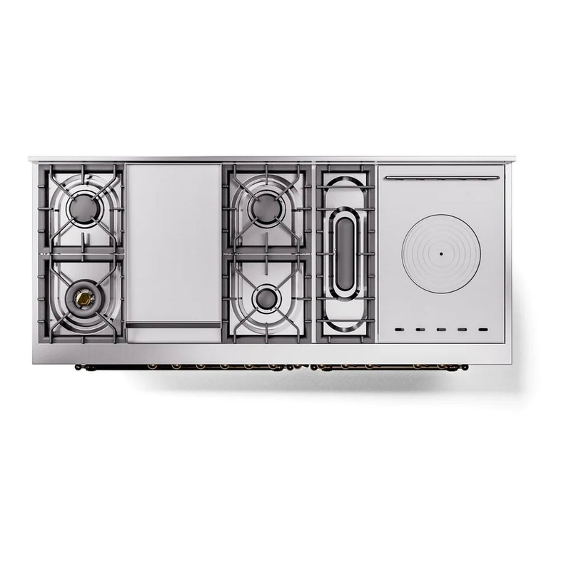 ILVE Nostalgie II 60" Dual Fuel Freestanding Range in Burgundy with Burnished Trim, UP60FSNMPBUB