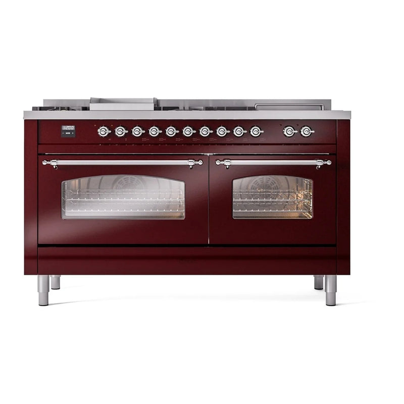 ILVE Nostalgie II 60" Dual Fuel Freestanding Range in Burgundy with Chrome Trim, UP60FSNMPBUC