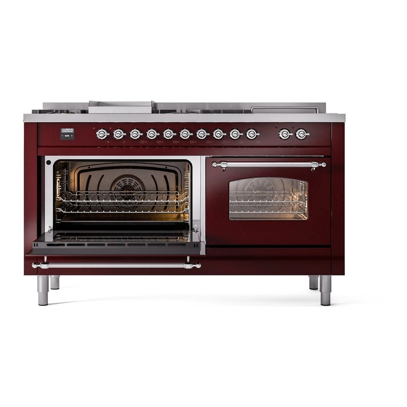 ILVE Nostalgie II 60" Dual Fuel Freestanding Range in Burgundy with Chrome Trim, UP60FSNMPBUC