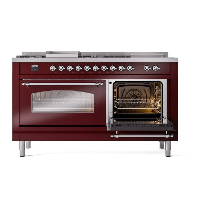 ILVE Nostalgie II 60" Dual Fuel Freestanding Range in Burgundy with Chrome Trim, UP60FSNMPBUC
