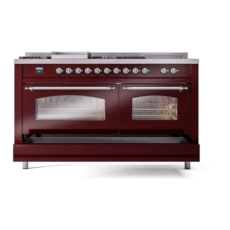 ILVE Nostalgie II 60" Dual Fuel Freestanding Range in Burgundy with Chrome Trim, UP60FSNMPBUC