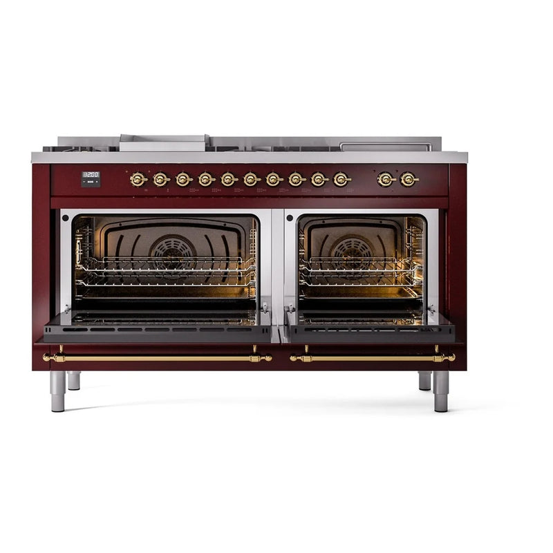 ILVE Nostalgie II 60" Dual Fuel Freestanding Range in Burgundy with Brass Trim, UP60FSNMPBUGLP