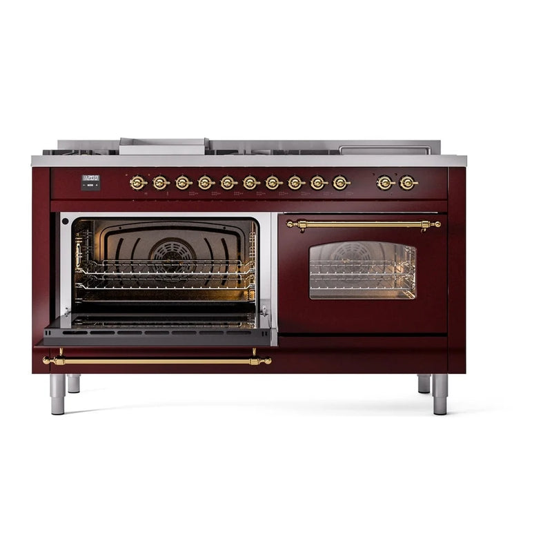 ILVE Nostalgie II 60" Dual Fuel Freestanding Range in Burgundy with Brass Trim, UP60FSNMPBUGLP