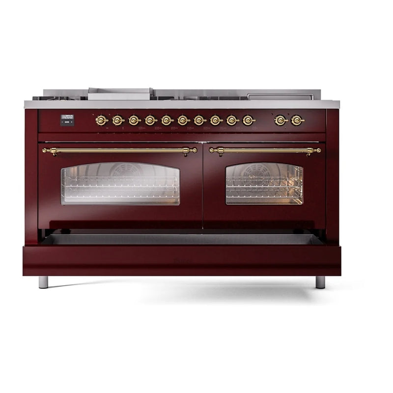 ILVE Nostalgie II 60" Dual Fuel Freestanding Range in Burgundy with Brass Trim, UP60FSNMPBUGLP
