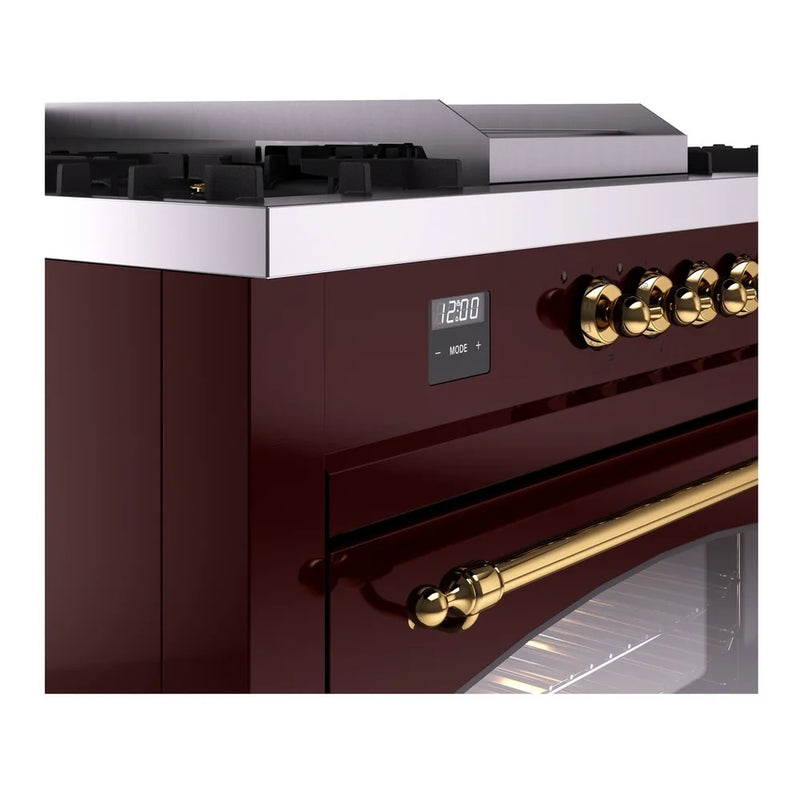 ILVE Nostalgie II 60" Dual Fuel Freestanding Range in Burgundy with Brass Trim, UP60FSNMPBUGLP
