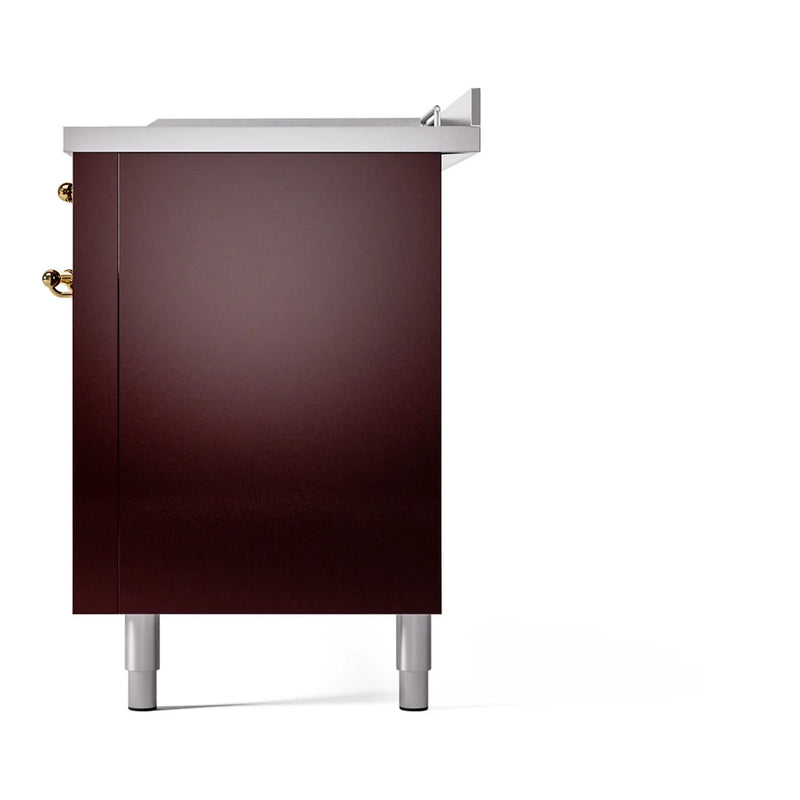 ILVE Nostalgie II 60" Dual Fuel Freestanding Range in Burgundy with Brass Trim, UP60FSNMPBUGLP