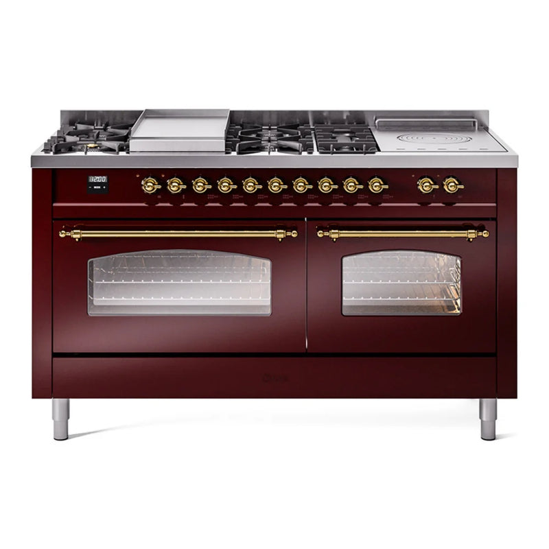 ILVE Nostalgie II 60" Dual Fuel Freestanding Range in Burgundy with Brass Trim, UP60FSNMPBUG