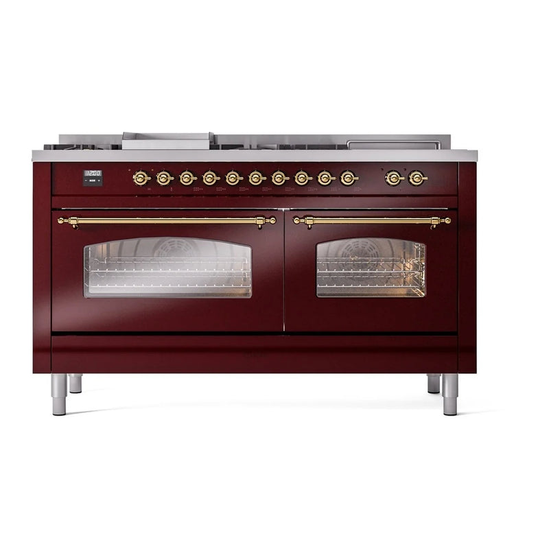 ILVE Nostalgie II 60" Dual Fuel Freestanding Range in Burgundy with Brass Trim, UP60FSNMPBUG