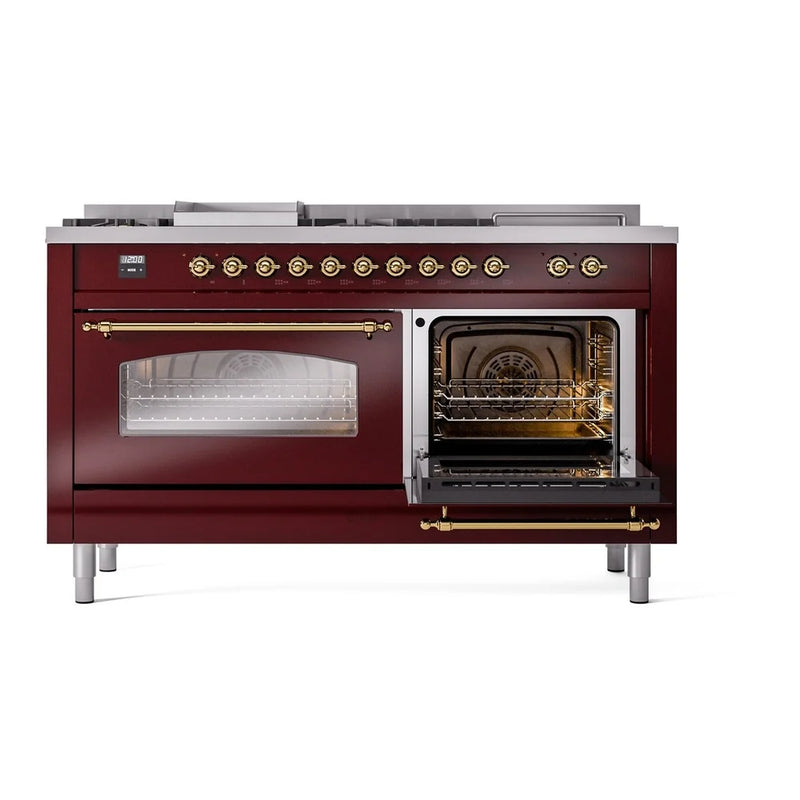 ILVE Nostalgie II 60" Dual Fuel Freestanding Range in Burgundy with Brass Trim, UP60FSNMPBUG
