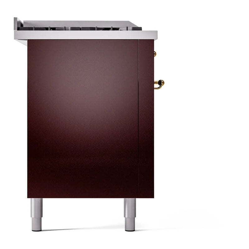ILVE Nostalgie II 60" Dual Fuel Freestanding Range in Burgundy with Brass Trim, UP60FSNMPBUG