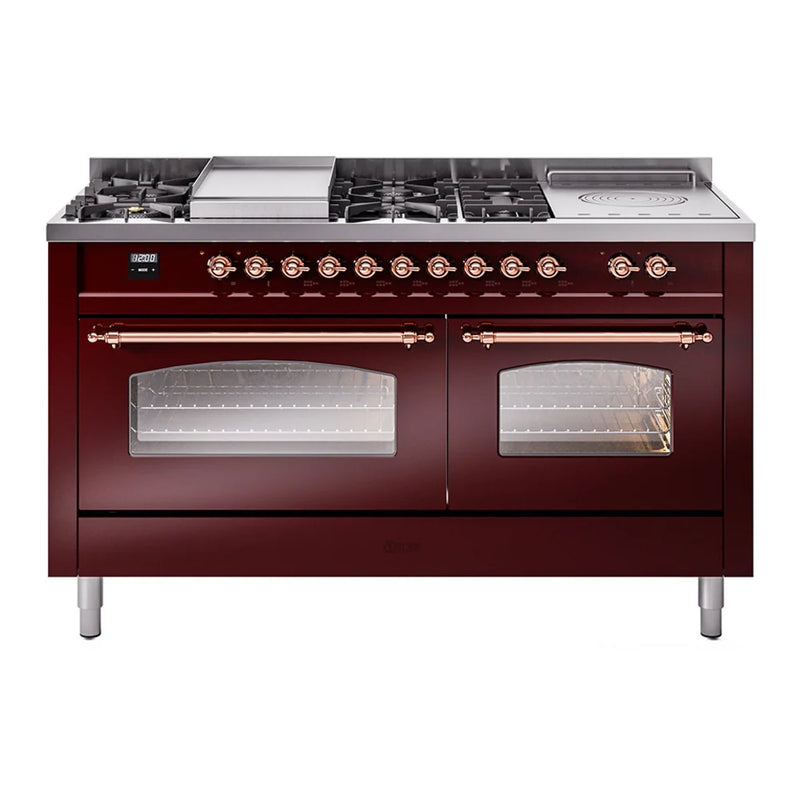 ILVE Nostalgie II 60" Dual Fuel Freestanding Range in Burgundy with Copper Trim, UP60FSNMPBUPLP