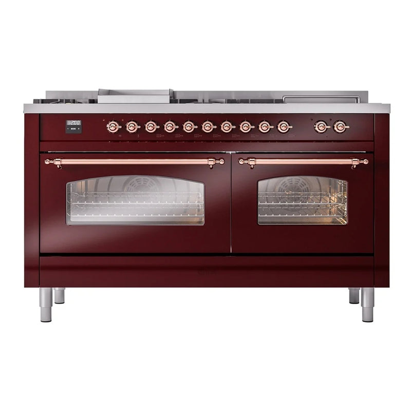 ILVE Nostalgie II 60" Dual Fuel Freestanding Range in Burgundy with Copper Trim, UP60FSNMPBUPLP