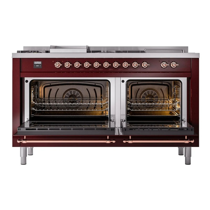 ILVE Nostalgie II 60" Dual Fuel Freestanding Range in Burgundy with Copper Trim, UP60FSNMPBUPLP