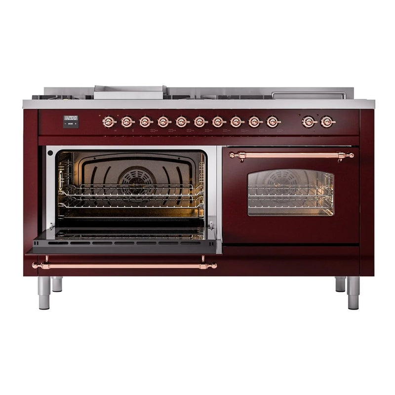 ILVE Nostalgie II 60" Dual Fuel Freestanding Range in Burgundy with Copper Trim, UP60FSNMPBUPLP
