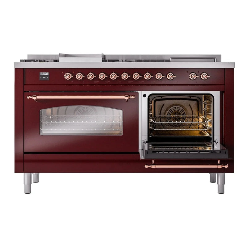 ILVE Nostalgie II 60" Dual Fuel Freestanding Range in Burgundy with Copper Trim, UP60FSNMPBUPLP
