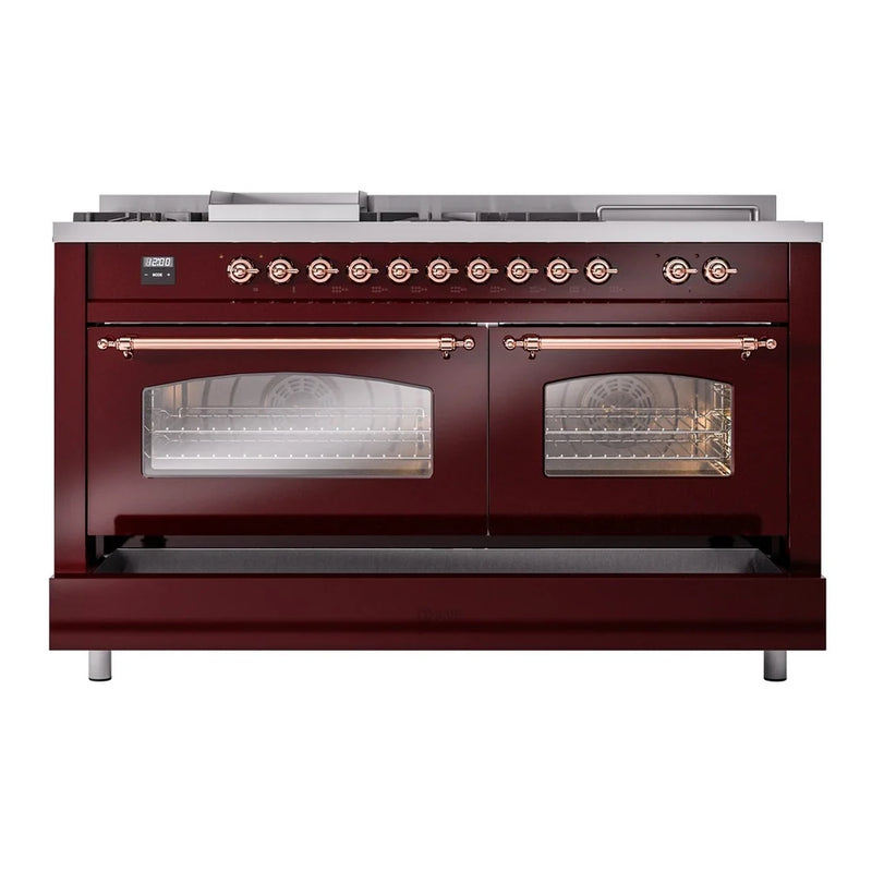 ILVE Nostalgie II 60" Dual Fuel Freestanding Range in Burgundy with Copper Trim, UP60FSNMPBUPLP