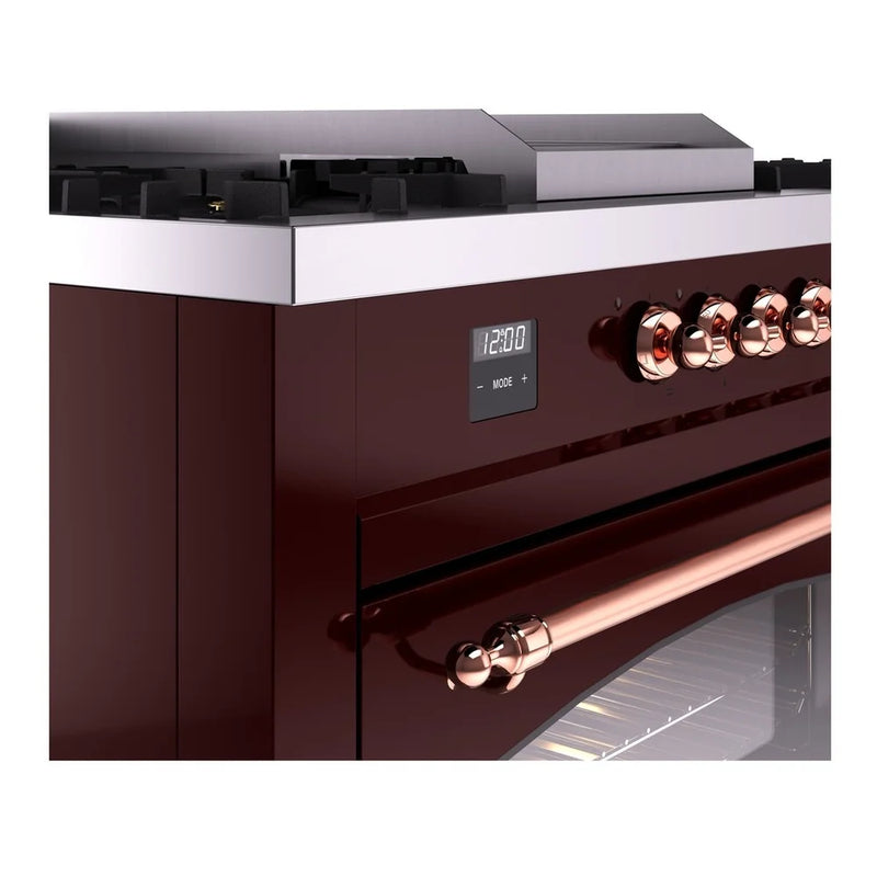 ILVE Nostalgie II 60" Dual Fuel Freestanding Range in Burgundy with Copper Trim, UP60FSNMPBUPLP