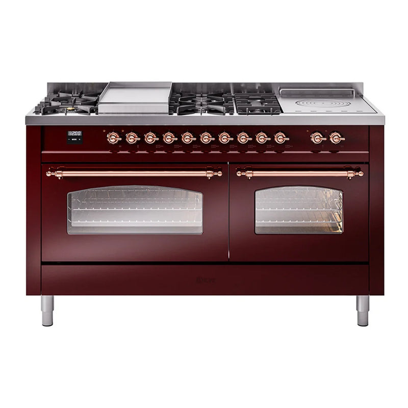 ILVE Nostalgie II 60" Dual Fuel Freestanding Range in Burgundy with Copper Trim, UP60FSNMPBUP