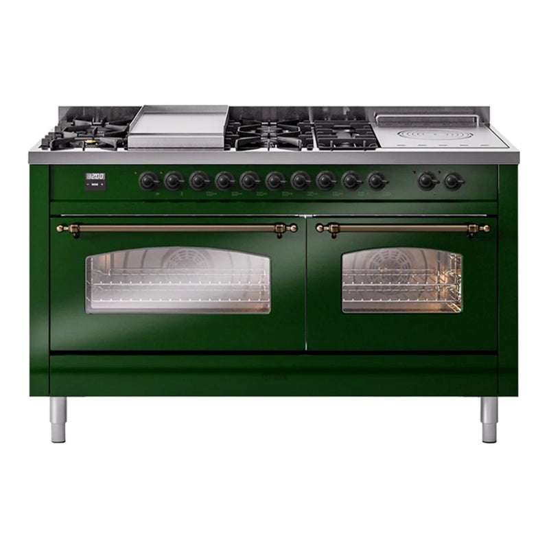 ILVE Nostalgie II 60" Dual Fuel Freestanding Range in Emerald Green with Burnished Trim, UP60FSNMPEGBLP