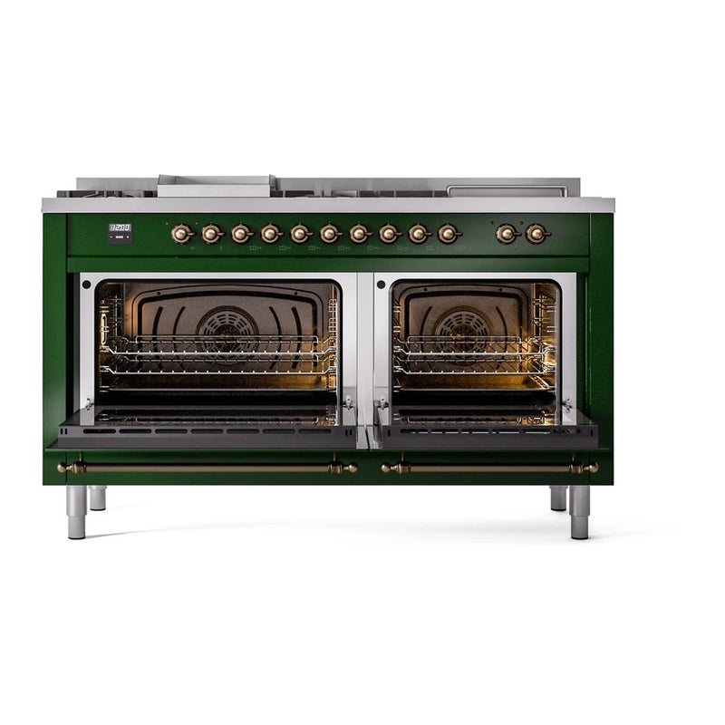 ILVE Nostalgie II 60" Dual Fuel Freestanding Range in Emerald Green with Burnished Trim, UP60FSNMPEGBLP