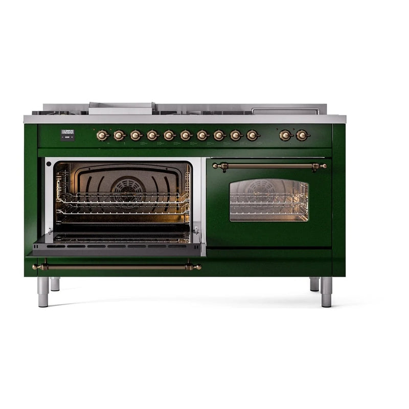 ILVE Nostalgie II 60" Dual Fuel Freestanding Range in Emerald Green with Burnished Trim, UP60FSNMPEGBLP
