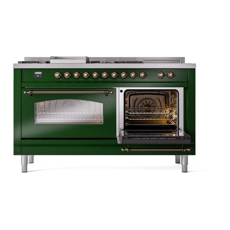 ILVE Nostalgie II 60" Dual Fuel Freestanding Range in Emerald Green with Burnished Trim, UP60FSNMPEGBLP