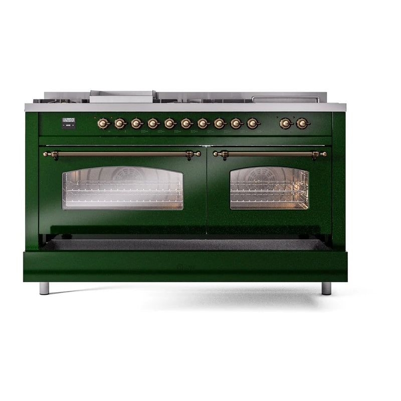 ILVE Nostalgie II 60" Dual Fuel Freestanding Range in Emerald Green with Burnished Trim, UP60FSNMPEGBLP