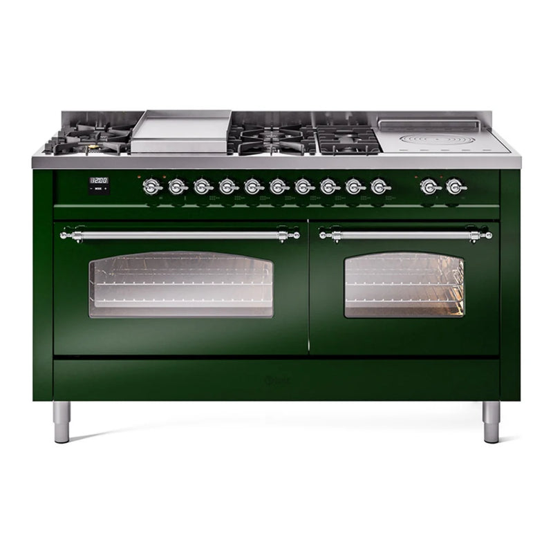 ILVE Nostalgie II 60" Dual Fuel Freestanding Range in Emerald Green with Chrome Trim, UP60FSNMPEGC