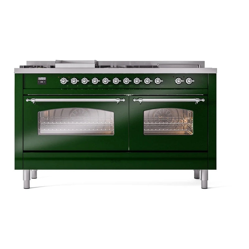 ILVE Nostalgie II 60 Inch UP60FSNMPEGC Freestanding Dual Fuel Range with 7 Sealed Burners, Griddle, French Top, in Emerald Green with Chrome Trim