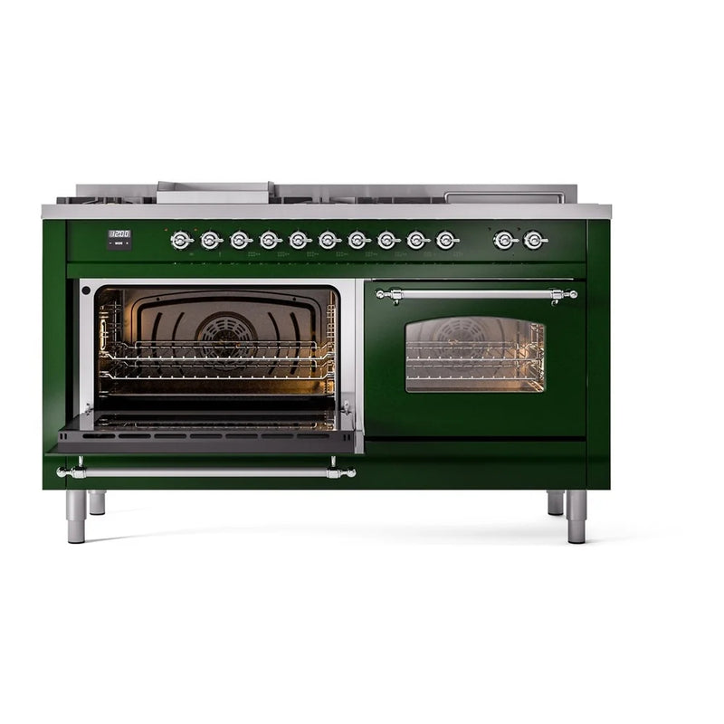 ILVE Nostalgie II 60 Inch UP60FSNMPEGC Freestanding Dual Fuel Range with 7 Sealed Burners, Griddle, French Top, in Emerald Green with Chrome Trim