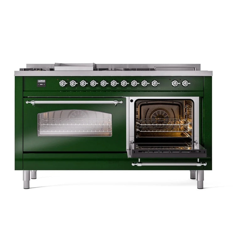 ILVE Nostalgie II 60" Dual Fuel Freestanding Range in Emerald Green with Chrome Trim, UP60FSNMPEGC