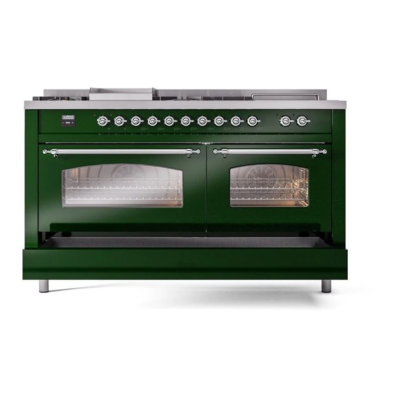 ILVE Nostalgie II 60 Inch UP60FSNMPEGC Freestanding Dual Fuel Range with 7 Sealed Burners, Griddle, French Top, in Emerald Green with Chrome Trim
