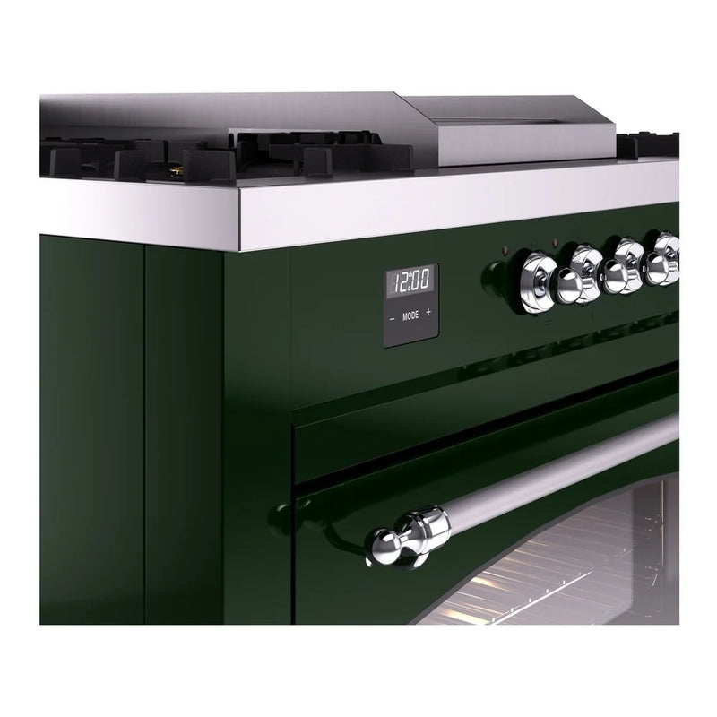 ILVE Nostalgie II 60 Inch UP60FSNMPEGC Freestanding Dual Fuel Range with 7 Sealed Burners, Griddle, French Top, in Emerald Green with Chrome Trim